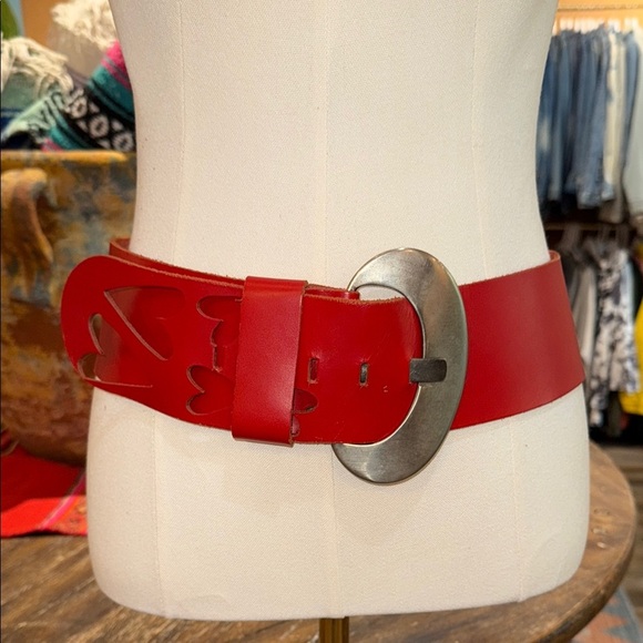 Vintage Accessories - FRENCH VINTAGE Vibrant Red Leather Belt with Silver Oval Buckle
